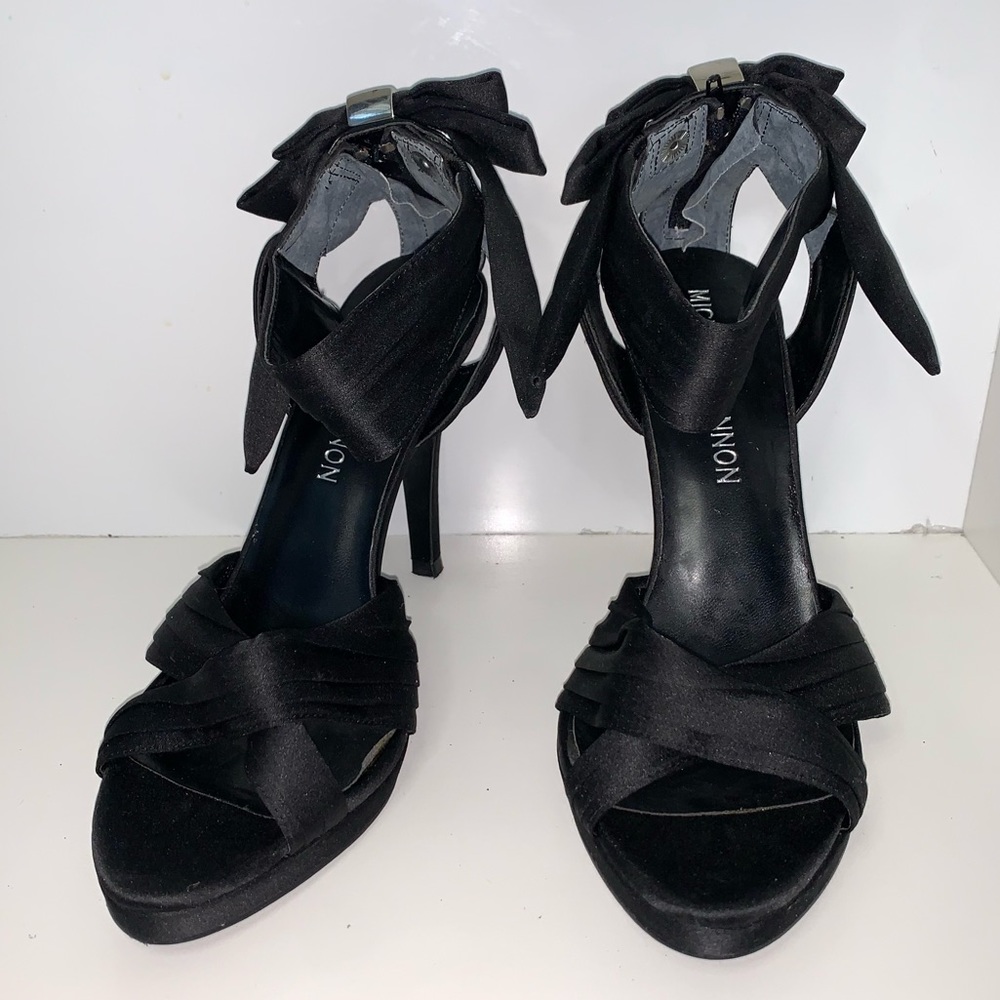 Michael Shannon Black Satin Ankle Strap Bow Heels Size 6